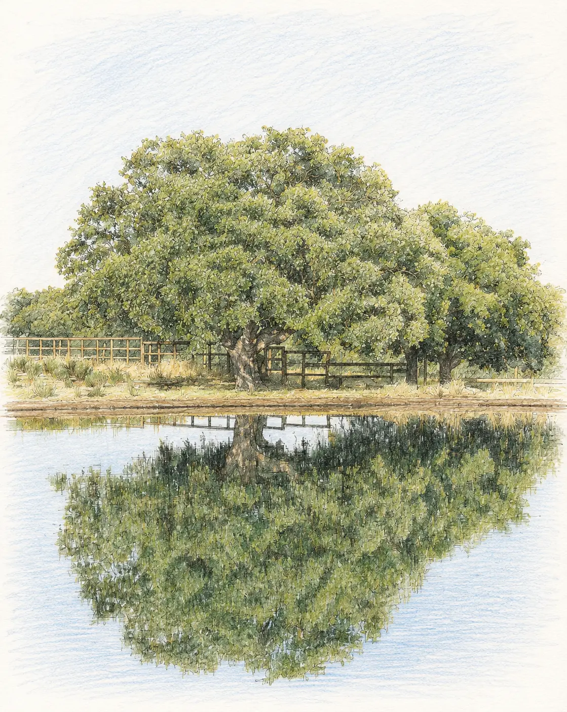 Ilustración de la encina centenaria reflejada en la charca de la finca