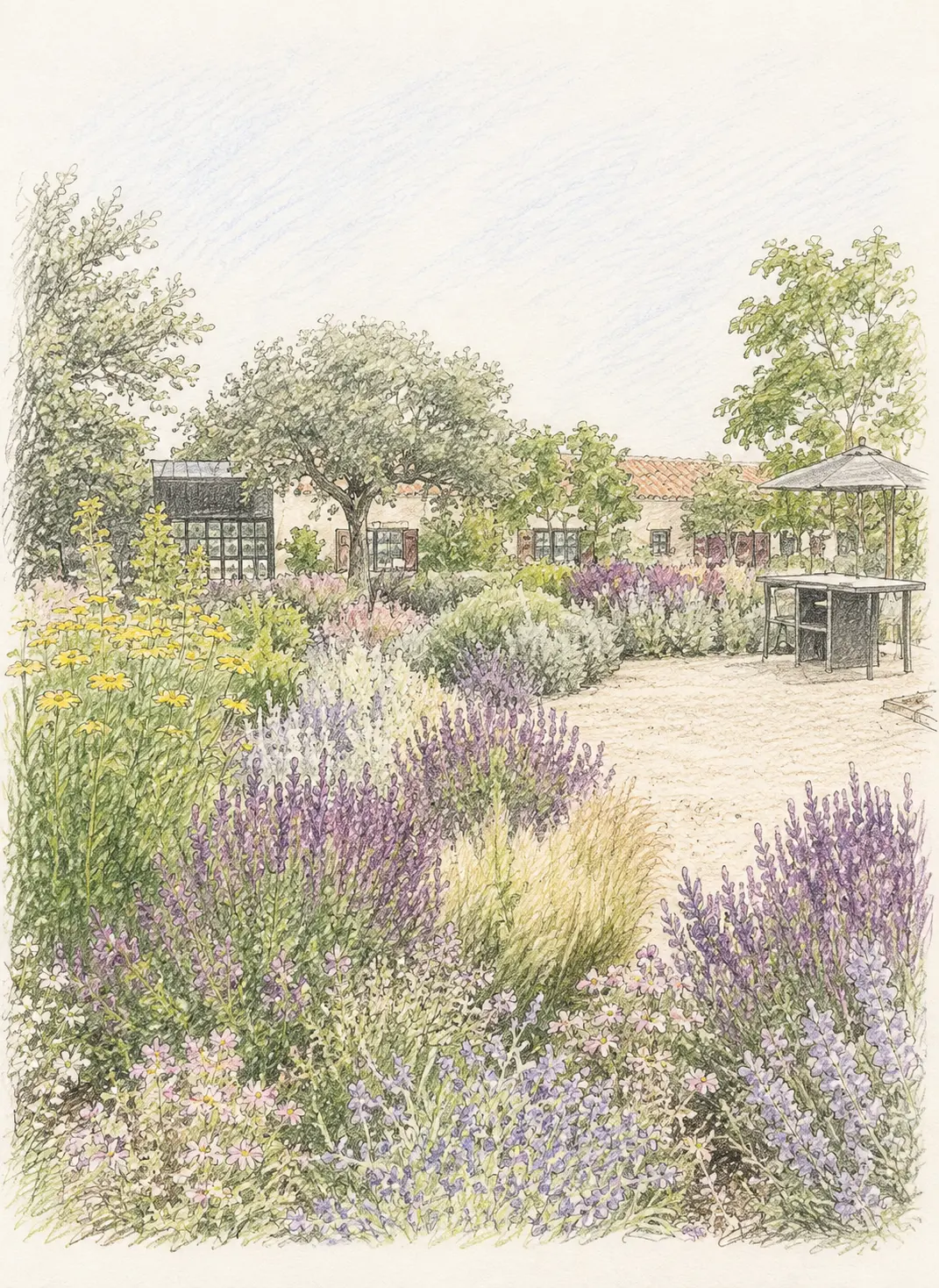 Ilustración del jardín de la finca con lavanda y la casa al fondo